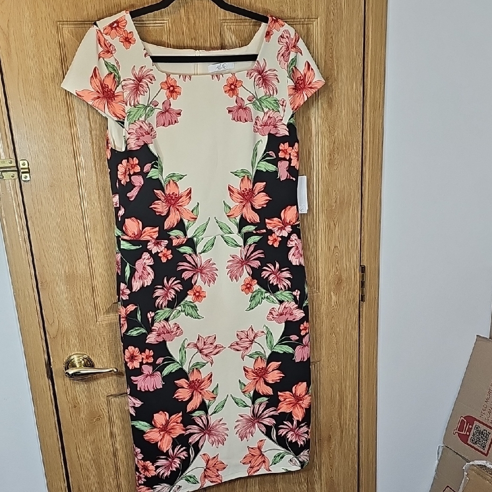 Ali Ro Floral Print Midi Dress in Black and Cream